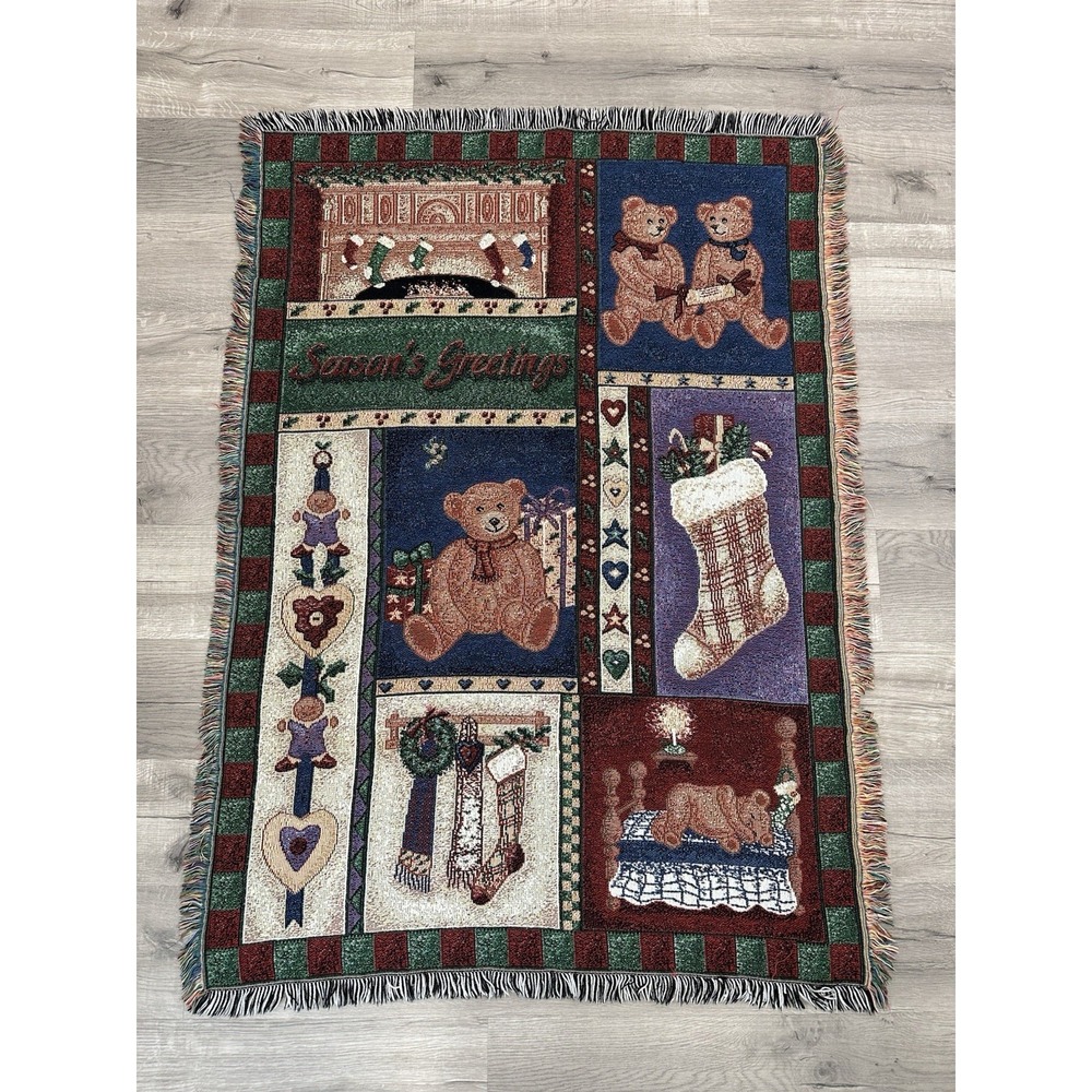 Vintage Christmas Tapestry Throw Teddy Bear Patchwork Theme Grandmacore READ